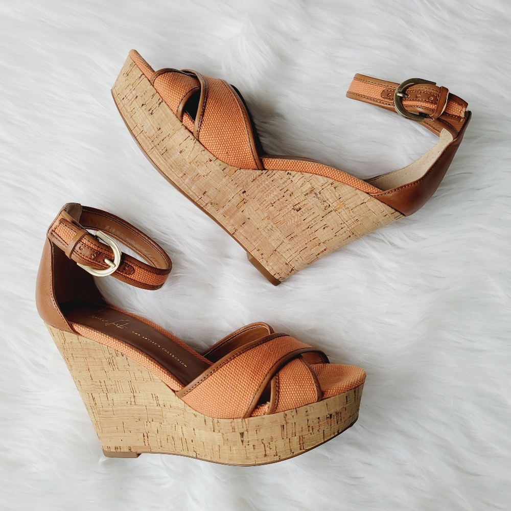 Franco Sarto pumpkin orange Raina wedge sandals 9